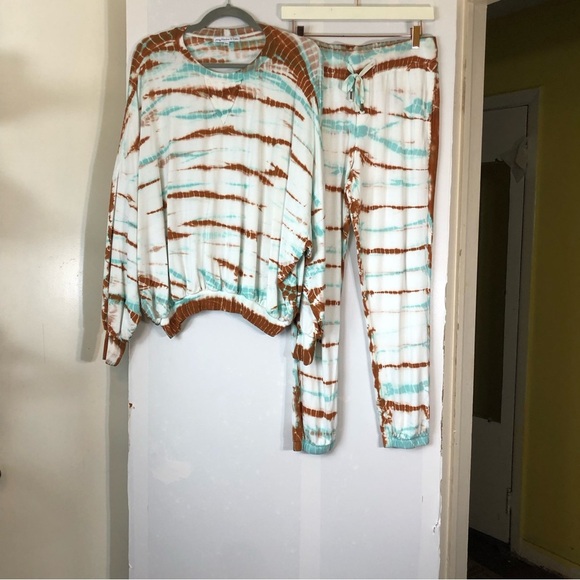 YOUNG FABULOUS & BROKE Aqua/Rust TIE DYE 2PC JOGGER LOUNGE SET | Size M - Picture 2 of 16